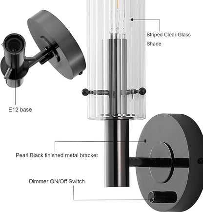 Black Bathroom Vanity Light Fixtures with Striped Clear Glass Shades Modern Wall Sconces Dimmer ON/Off Switch Indoor Wall Light for Mirror Living Room Bedroom Hallway Staircase
