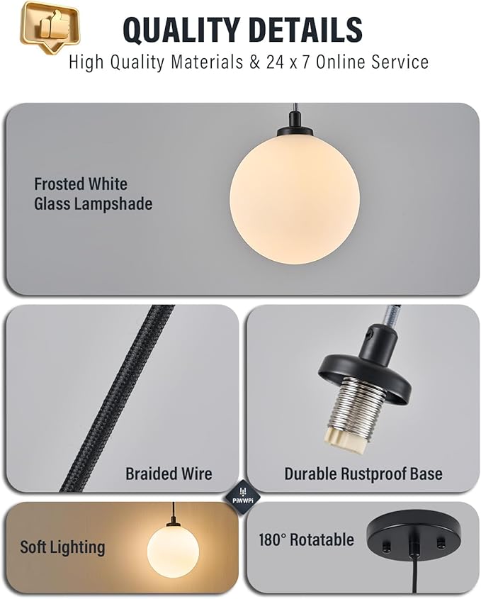 Mid Century Modern Chandelier, 1- Light Globe Glass Ceiling Hanging Chandelier, Black Pendant Light, White Spherical Blackout Bedside Lamp for Kitchen Island, Bedroom, Living Room, Dining Room