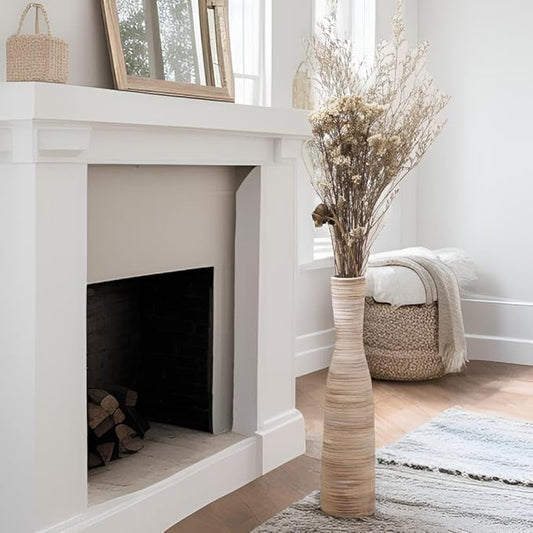 ALMA 16" Tall Floor Vase for Pampas Grass,White Brown Ceramic Centerpiece for Dresser, Skinny Pampas Grass Vessel for Floor, Entryway Table, Fireplace Decor