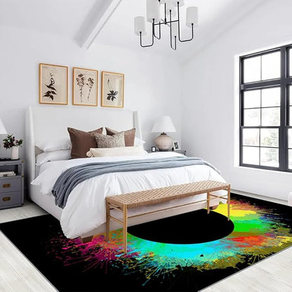 Abstract Paint Splash Rug 6x9 Large Area Rugs Colorful Paint Black Hole Rugs Non Slip Low Pile Indoor Washable Carpet for Living Room Farmhouse Bedroom Apartment Home Decor Floor Mats