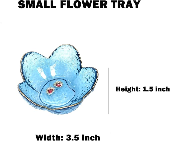 Flower Shape Ring Dish Jewelry Tray Organizer, Glass Accent Tray for Vanity, Small Decorative Trinket Dish, Crystal blue