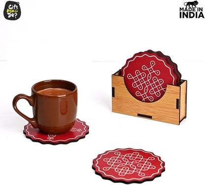GKD Coaster Set of 6 Fine Art Wooden Coasters with Proper Coaster Stand Coaster Set Fit for Tea Cups, Coffee Mugs and Glasses (3.5 X 3.5 Inch, Fine Design) Red