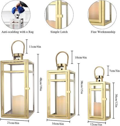 TRIROCKS Elegant Gold Stainless Steel Lantern Set- 3 Sizes (12", 15", 19") - Tempered Glass Panel Metal Lanterns for Versatile Indoor & Outdoor Decorating - Perfect for Celebrations