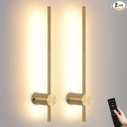 Battery Operated Wall Sconce USB Rechargeable Sconces, 23.6" Brushed Gold Wireless Wall lamp Set of 2, 3000K-6000K & Dimming with Remote Control, LED Wall Lights for Living Room, Bedroom
