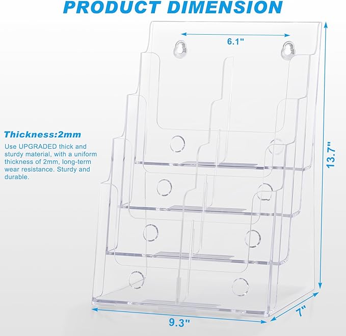 Acrylic Brochure Holder 8.5x11 Inches, 4 Tier Clear Brochure Display Stand , pamphlet holder with Divider for 4’’ Flyer Magazine, Document Paper Literature Holder,Wall Mount for Office, Store