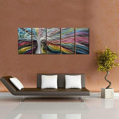 Unique Metal Wall Art with Colorful Fantastic Tree Design, Abstract Modern and Contemporary Décor, Metal Wall Sculpture, Silver Aluminum Artwork, Indoor and Outdoor decoration, 5 panels 64"x24"