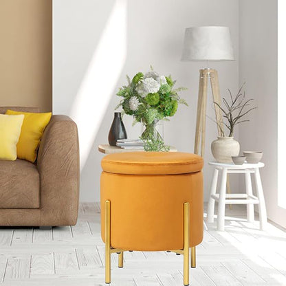 Adeco Upholstered Tufted Round Storage Ottomans, Orange Modern Velvet Footrest Ottomans with Storage for Couch