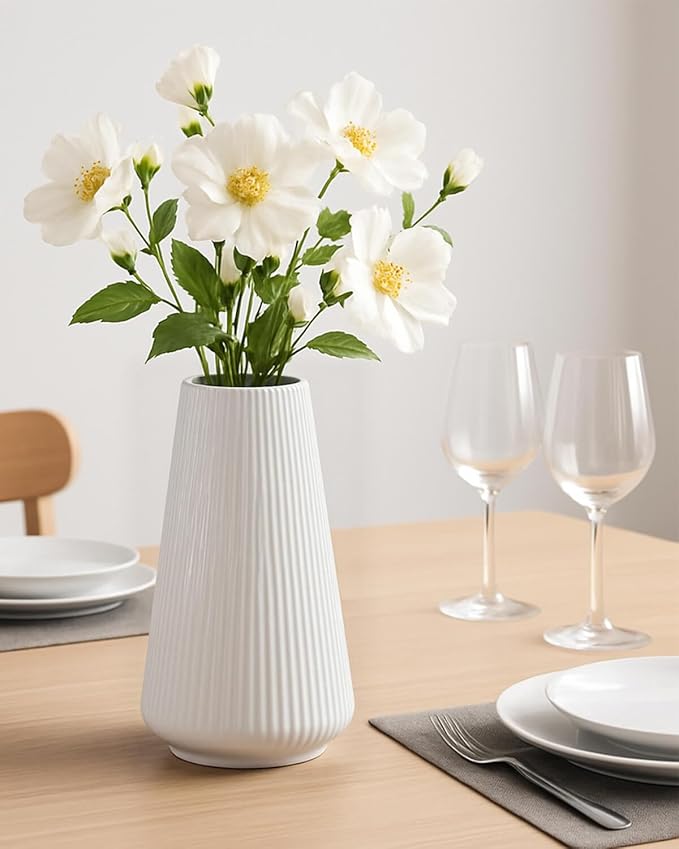 White Ceramic Vase – Frosted Elegant Flower Vase for Pampas Grass, Dried or Fresh Flowers, Modern Minimalist Farmhouse Home Decor for Living Room, Dining Table, Wedding Centerpiece