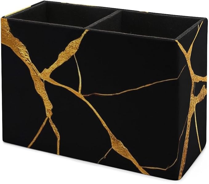 Large Desk Leather Pen Holder Table Pen Organizer Makeup Brush Storage Black Marble Gold Texture