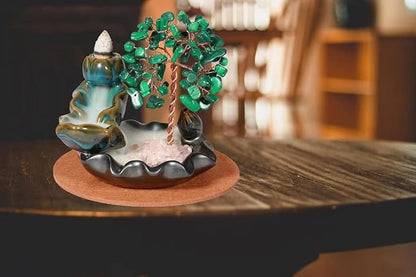 Malachite Waterfall Incense Burner, Money Tree Backflow Incense Holder Healing Crystal Stone, with 30 Backflow Incense Cones + 30 Incense Stick for Yoga Meditation Home Zen Decoration