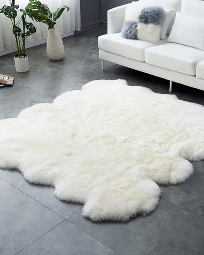 HUAHOO Premium Genuine Sheepskin Rug Real Australia Sheepskin Natural Luxury Fluffy Lambskin Fur Area Rug Seat Covers for Kids Bedroom Sofa Chair Cover Pets Dogs Mat Eight Pelt /6.2' x 7' White/Ivory