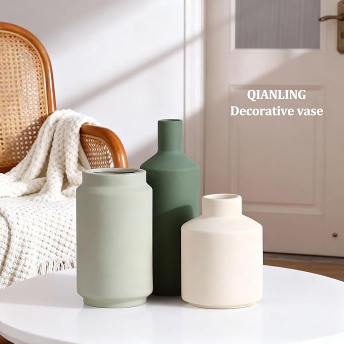 Ceramic Vase Set of 3 - Modern Neutral Vases Home Decor, Minimalism Decorative Vases, Boho Decor Small Flower Vase for Shelf, Dining Table Entryway Mantel Centerpiece Bookshelf Living Room Bathroom