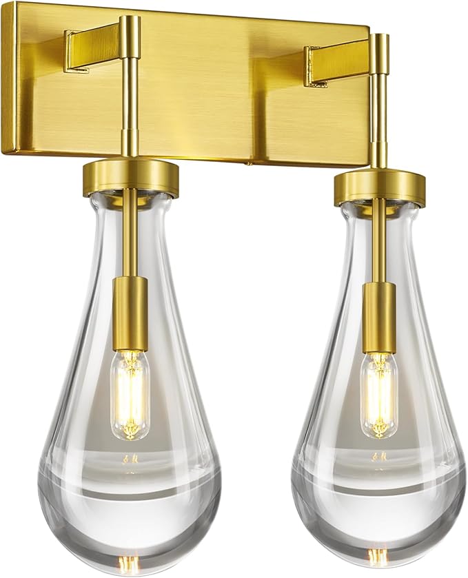 Raindrop Wall Sconces Gold Crystal Sconces Wall Decor Modern Lighting Glass Bathroom Sconces Indoor Vanity Light Wall Lamp for Bedroom Living Room Stair(2-Light)