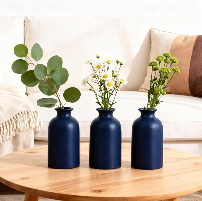 Blue Ceramic Bud Vases Set of 6 – 5 in Small Vases for Dried Flowers or House Plants, Modern Boho Decorative Vases for Wedding, Home, Table Centerpieces, Mantel or Office Decor