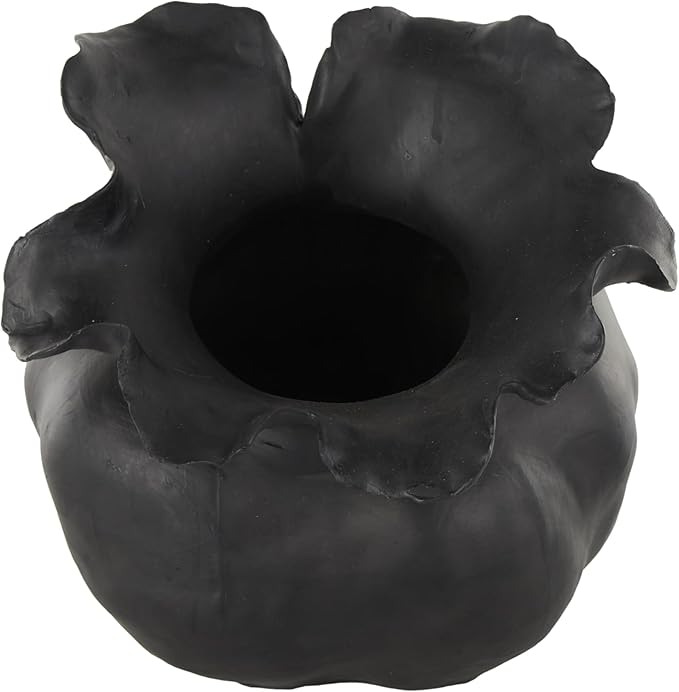 Deco 79 Ceramic Abstract Wide Rounded Floral Shaped Vase with Petal Rim, 8" x 10" x 9", Black