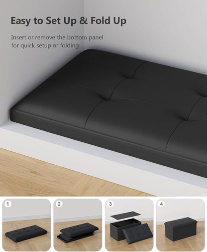 Folding Storage Ottoman Bench, Multi-Functional Ottoman Footrest, End of Bed Bench, Storage Chest for Living Room, Bedroom, Hallway, Entryway, Holds Up to 600 lbs (Black, 30 Inches)