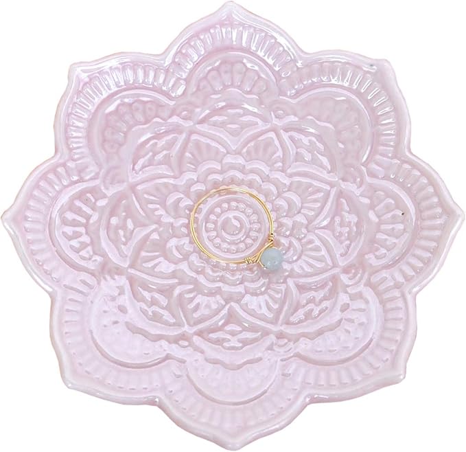 PUDDING CABIN Pink Mandala Ring Dish, Birthday Gift for Female Women Friend Mom Girls