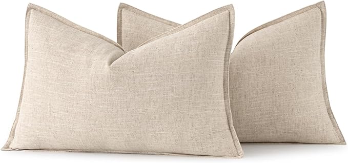MIULEE Decorative Linen Lumbar Pillow Covers 12x20 Inch Natural Beige Boho Farmhouse Neutral Christmas Couch Throw Pillows for Bed Pack of 2 Accent Modern Pillowcase Sofa Livingroom Home Decor