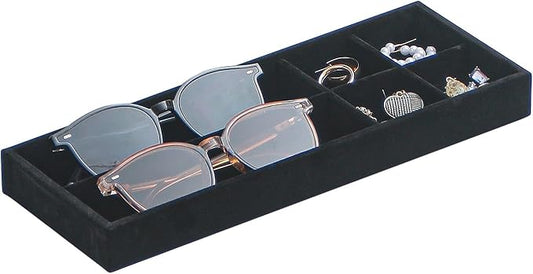 2Pcs Desk Drawer Storage Tray, Nightstand Organizer Tray, Necklace Bracelet Ring Earring Jewelry Display Tray, Grid Table Organizer Holder Tray for Sunglass, Phone, Watch, Perfume (6 grid)/Black