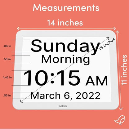Robin Clock with Day and Date for Elderly, Clocks for Seniors, Dementia Clock, Digital Calendar Elderly Bedside Clocks Senior Alzheimers Products Dementia Clocks Seniors Extra Large, White 15"
