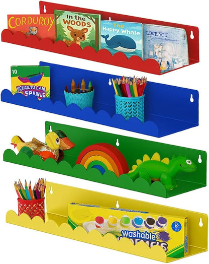 Scalloped Shelves - Set of 4 Acrylic Floating Book Shelves 17inch, Colorful Wall Book Shelf for Room, Scalloped Wall Shelves for Bedroom and Playroom Storage