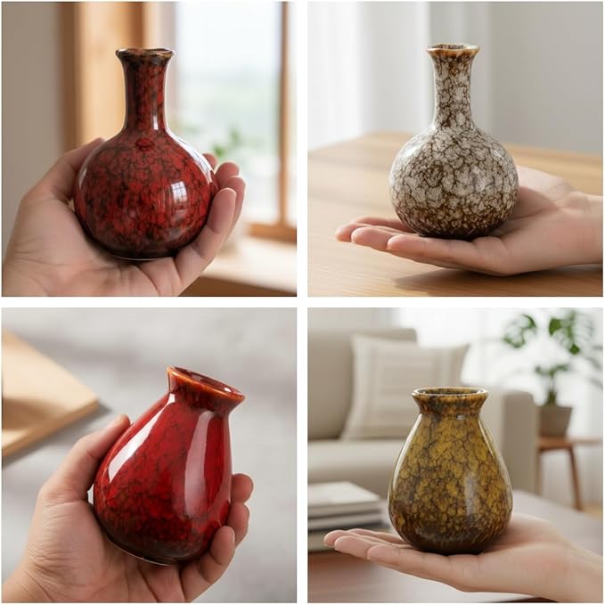 Okllen Set of 4 Ceramic Flower Vases Farmhouse Decor, Boho Decor, Red and Yellow Reactive Glazed Color Small Flower Vases, Centerpiece Table Decorations, Decorative Ceramic Vase for Home, Living Room