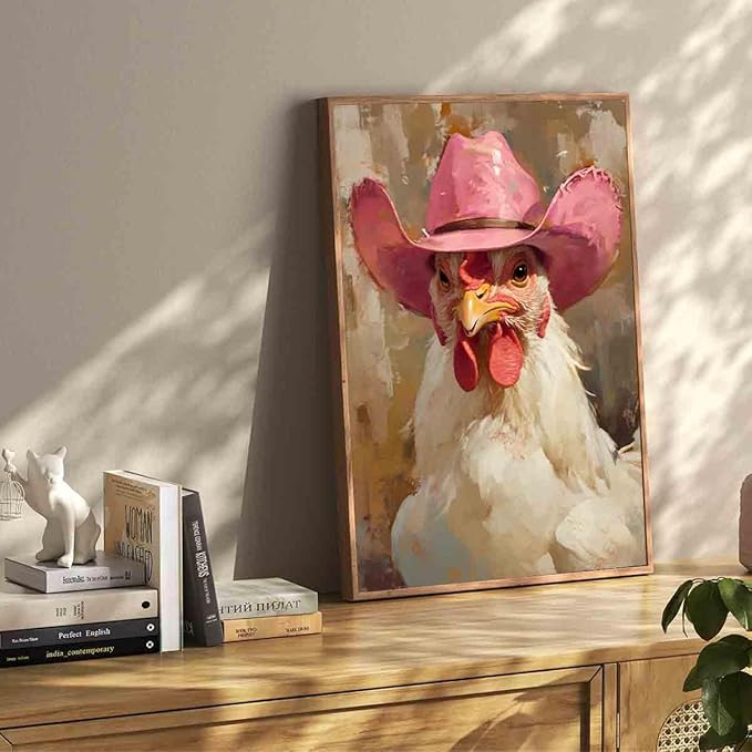 Farm Animal Prints Farmhouse Chicken Artwork Funny Animal Wall Art Vintage Cowboy Print Hen Rooster Painting Vintage Western Cowboy Posters Western Chicken Picture Home Decor 16x24inch No Frame
