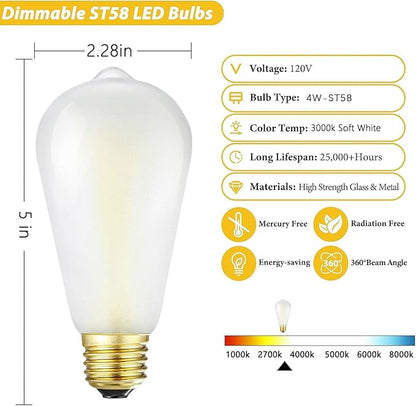 E26 Frosted LED Edison Bulbs, 4W, Equivalent 40W, Soft White 3000K,400LM,AC120V,Dimmable ST58 Frosted Vintage Bulbs with 90+ CRI, Pack of 6 (4W=40W Soft White)