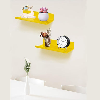 ROYALITA Small Acrylic Shelves Wall Mounted | Set of 2 | 12 Inches | Wall Hanging Plant Display Shelves, Room Decor Floating Wall Shelves for Gaming Room Bedroom, Living Room, Office, Yellow