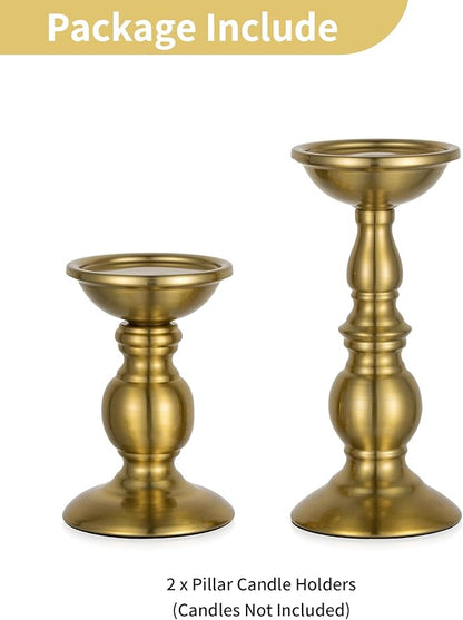 NUPTIO Gold Candle Holder for Table: Tall Brass Candleholder Decorative for Pillar Candles - Metal Vintage Stand for Christmas New Year Fireplace Table Centerpiece Set of 2 (S+L)