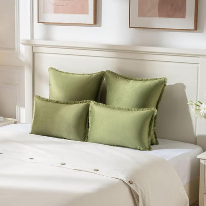 FUTEI Sage Green Velvet Decorative Throw Pillow Covers 22x22 Set of 2,Soft Cozy Edge with Tassels Cushion Case,Boho Modern Home Decor for Couch Bed Living Room