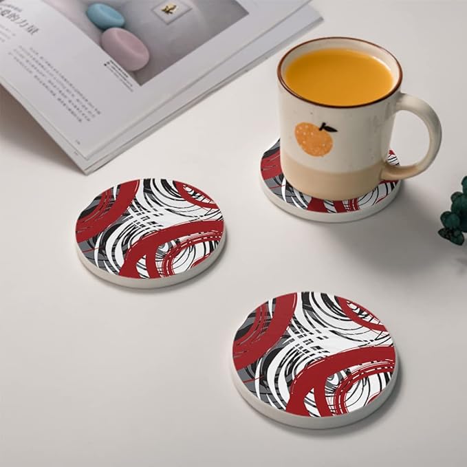 HUXJOKO Coasters for Drinks Set of 6,Red Spiral Design Absorbent Ceramic Coaster,Round Stone Mat,with Cork Base and Metal Holder for Coffee Table Room Bar Home Decor Housewarming Gifts