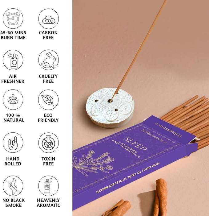 Folkulture Incense Sticks with Holder (100 Sticks)| Lavender & Chamomile Incense Sticks for Deep Sleep, Aromatherapy, Relax Stress |No Charcoal,Organic,Non Toxic, 45 Mins, Long Burning Insence-Sticks