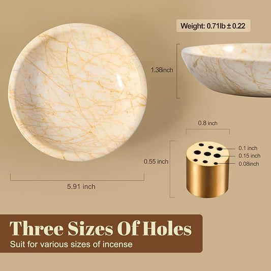 Koville Natural Marble Incense Holder, Incense Holder for Sticks with 9 Holes, Handmade Incense Burner Ash Catcher for Meditation Yoga SPA, Balsam Fir/Palo Santo/Sage/Cone (Gold)