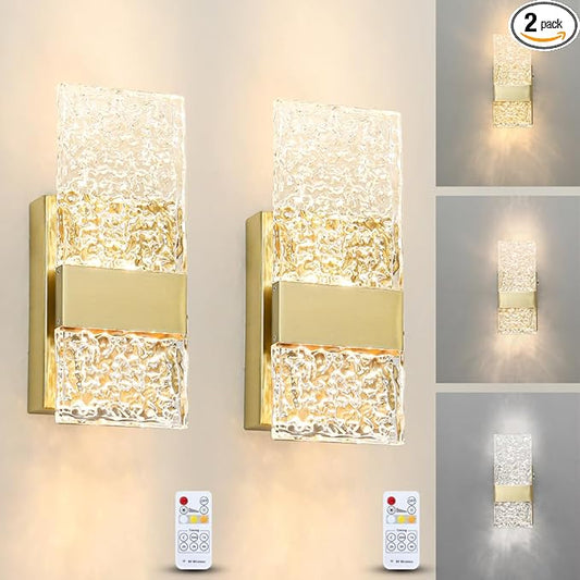 Modern Brushed Gold Battery Operated Wall Sconces Set of 2 - Rechargeable Brass LED Wall Sconce Lighting with Acrylic Shade, Wireless Bedroom/Living Room Art Deco Light Fixtures