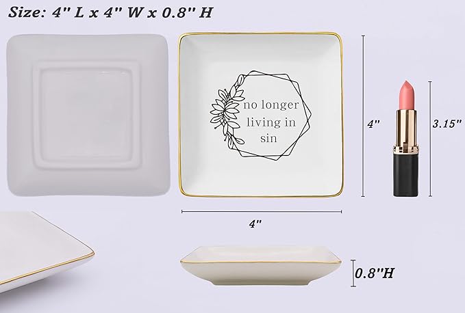 NZY Funny Engagement Newly Engaged Gifts for Woman-Wedding Gift for Bride-Anniversary-Bridal Shower Present-Bachelorette Party Present-Jewelry Tray Trinket Holder Ring Dish-No Longer Living In Sin