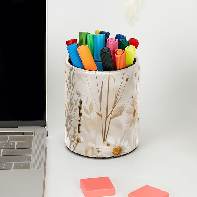 Round Pen Holder for Desk, Leather Pen Pencil Cup, Decorative Desk Stationery Supplies Organizer for Home Office Classroom, Wildflowers Beige White Vintage Pattern