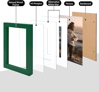 KINLINK 5x7 Picture Frame Green, Solid Wood Frames with Acrylic Plexiglass for 3.5x5/4x6 with Mat or 5x7 without Mat, Tabletop and Wall Display Photo Frame, Set of 4