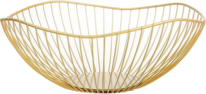 IBWell Classic Style Curved-Edge Modern Creative Stylish Single Tier Dish,Metal Iron Wire Fruit Vegetables Bread Decorative Stand Serving Bowls Basket Holder (Dish) (Gold)