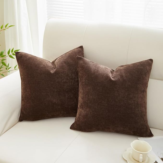 Sunday Praise Dark Brown Throw Pillow Covers 20x20 Inch Set of 2 Soft Cozy Chenille Decorative Square Pillow Cases Farmhouse Accent Solid Cushion Covers for Couch Sofa Chair Bed Home Décor
