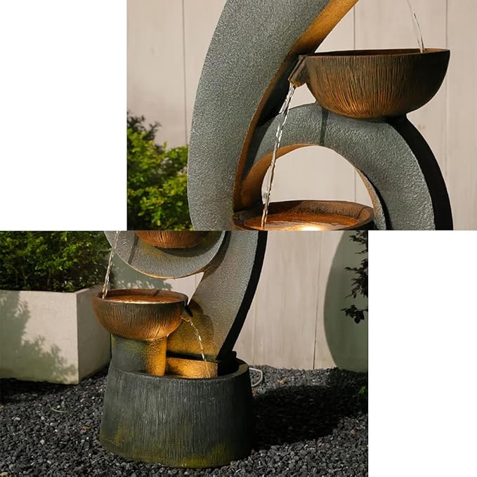 46.8”H Outdoor Water Fountain with Lights, Multi-Tier Bowl Cascading Water Feature, Tall Stacked Bowl Waterfall Freestanding Resin Garden Fountain for Patio Yard Balcony Porch
