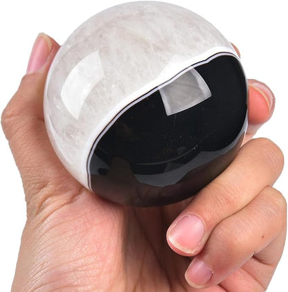 JIC Gem Natural Black Onyx Agate Crystal Ball Round Healing Crystals Decorative Sphere with Wooden Stand Meditation Home Decor 2.3-2.7 inch (60-70mm)