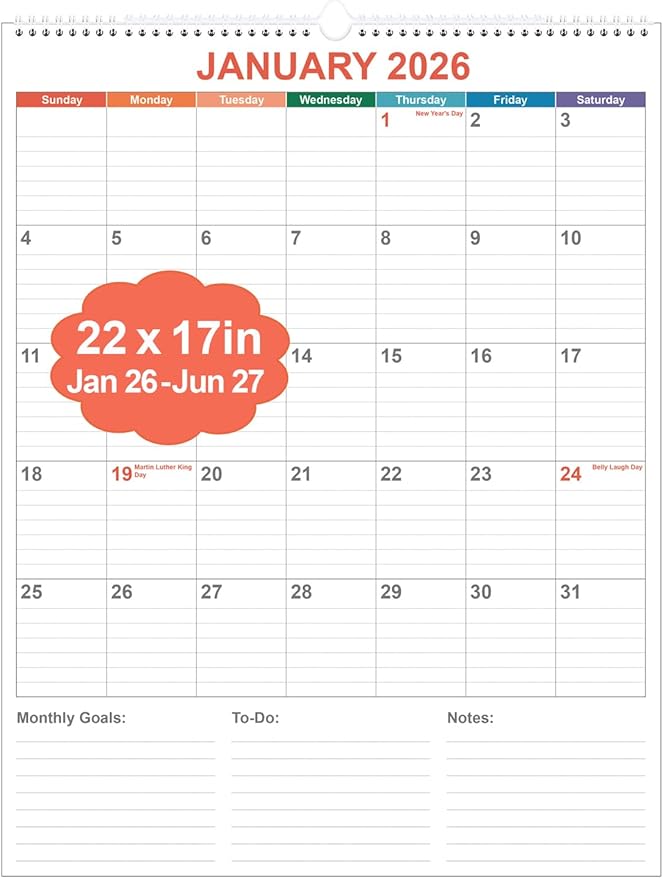 Large Calendar 2026 with Spiral Bound - 18 Month Big Calendar from January 2026 to June 2027, Vertical Large Monthly Calendario 2026-2027 for Wall, 22" x 17", Colorful