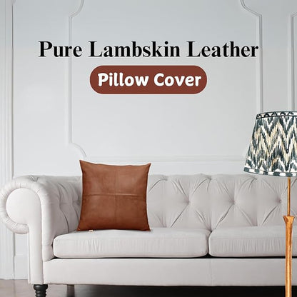 Lambskin Leather Pillow Cover - Sofa Cushion Case - Decorative Throw Covers for Living Room & Bedroom, 14x14 Inches - Antique Brown Plain Pack of 2