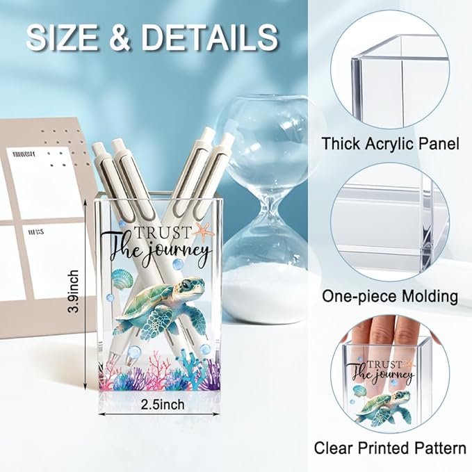 Trust The Journey Acrylic Pencil Holder Cup, Inspirational Gifts for Friends Coworker, Funny Sea Turtle Pen Holder for Women Girls Turtle Lover, Pencil Cup for Desk, Marker Makeup Organizer