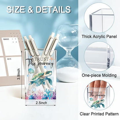 Trust The Journey Acrylic Pencil Holder Cup, Inspirational Gifts for Friends Coworker, Funny Sea Turtle Pen Holder for Women Girls Turtle Lover, Pencil Cup for Desk, Marker Makeup Organizer