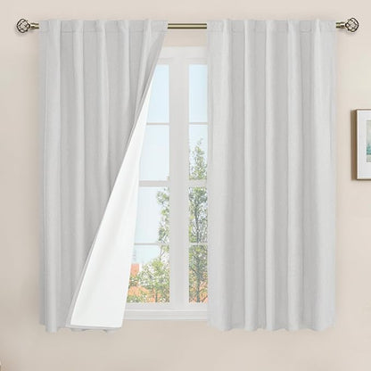 LAMIT 100% Blackout Short Linen Curtains, 48 Inch Length Linen Textured Thermal Curtains Back Tab and Rod Pocket Neutral Panels with White Liner for Small Window, 2 Panels, 42 x 48 Inch, Light Grey