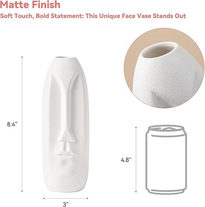 White Ceramic Face Vase - 8.4" Unique Flower Vase with Matte Finish, Decorative Boho/Farmhouse Vase for Pampas Grass & Centerpieces, Living Room/Office Desk Decor & Gift for Her/Yourself