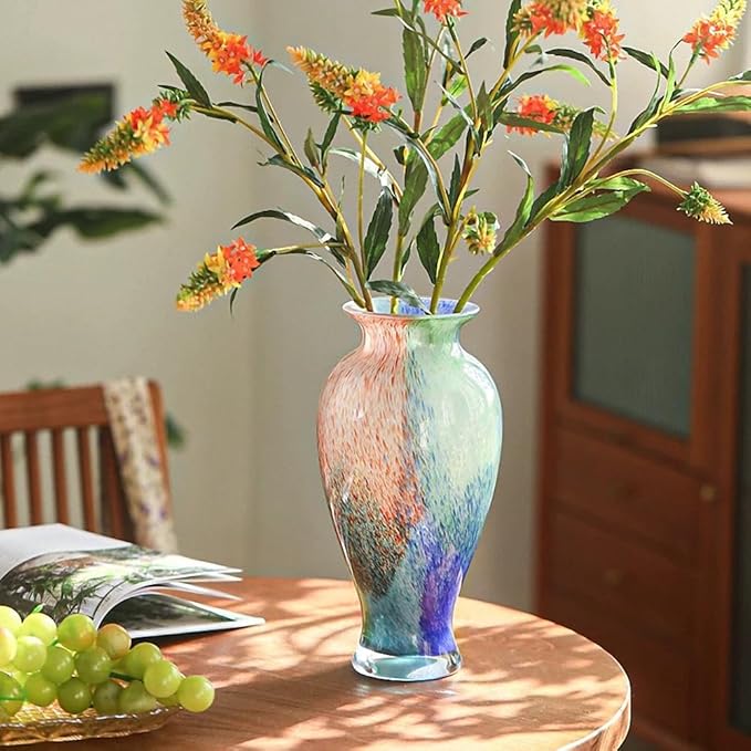 Hand Blown Glass Vase, 11.4" Tall, Murano-Style Art, Multicolor, Abstract, Oblong Shape, Perfect for Living Room, Bathroom, Wedding, Graduation, Mother's Day, Women