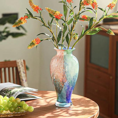 Hand Blown Glass Vase, 11.4" Tall, Murano-Style Art, Multicolor, Abstract, Oblong Shape, Perfect for Living Room, Bathroom, Wedding, Graduation, Mother's Day, Women